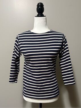 Le Minor France Breton Striped Marinière Top Navy Blue White 3/4 Sleeve Cotton